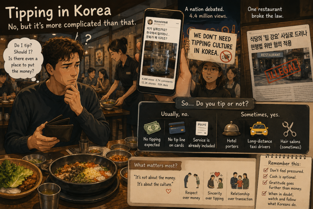 tipping-culture-in-korea-confused-foreigner Confused foreigner hesitating over tipping culture in Korea after paying at a Seoul restaurant
