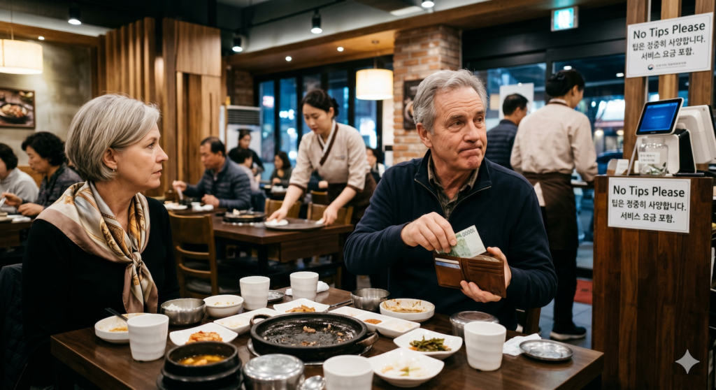 Elderly foreign couple attempting to tip at a Korean restaurant with a no tipping sign displayed at the counter