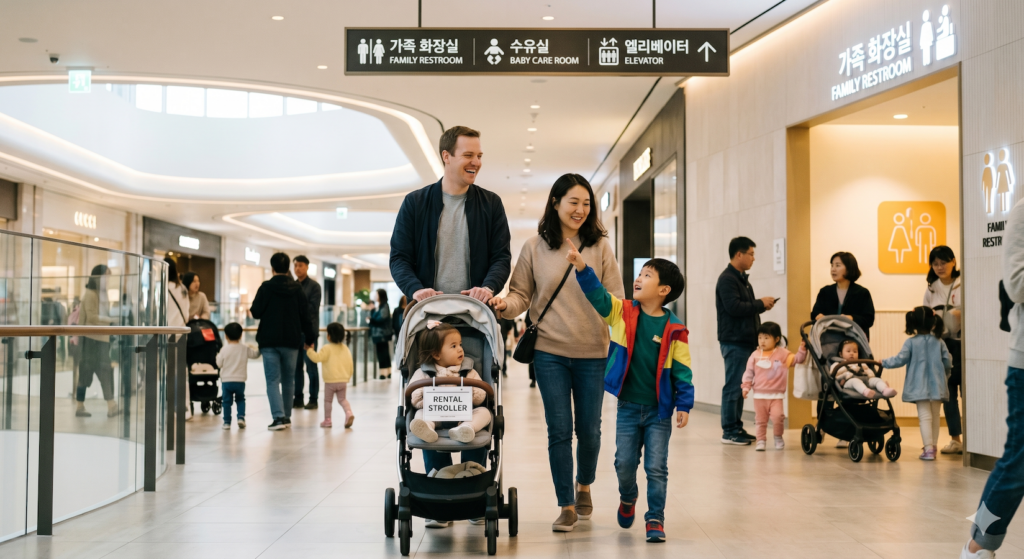 Inside a modern Jamsil mall in Seoul, an international family utilizes a rented stroller and checks for 'Family Restroom' signs, showcasing Korea's thoughtful amenities among top family-friendly destinations.
