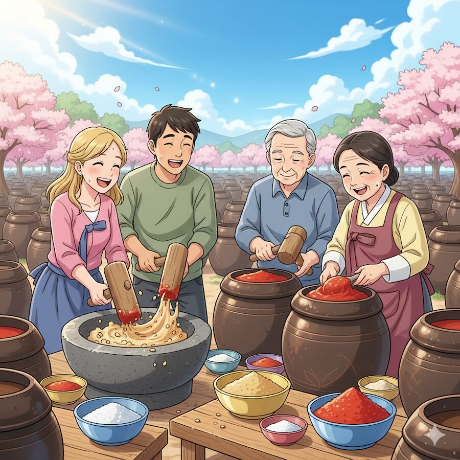 Bright and joyful animation of international tourists participating in a Traditional Korean Fermentation Experience at a Hanok village