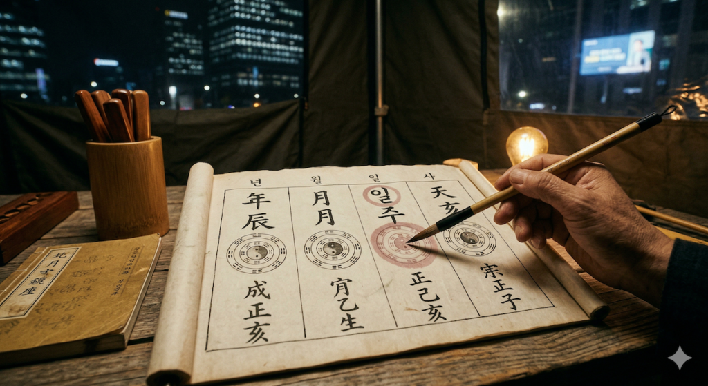 A close-up photograph capturing a traditional Korean Saju-palja birth chart with detailed handwritten calligraphic symbols. This authentic Saju reading in Seoul for foreigners features the four tactical pillars of destiny, serving as a metaphysical blueprint inside a dimly lit tent in Gwanghwamun with the soft glow of skyscrapers in the background.