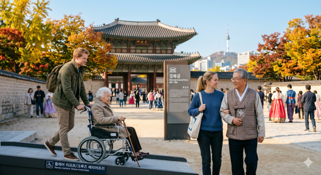traveling-to-korea-with-elderly-parents-family-walking-gyeongbokgung-palace A young Western couple (30s) and their elderly parents (late 70s) from the West are happily walking together up a smooth, barrier-free ramp at the entrance of Gyeongbokgung Palace in Seoul, South Korea. The young man gently pushes his mother's lightweight wheelchair, while his wife walks arm-in-arm with her smiling father-in-law, who holds a cane. They are surrounded by colorful autumn trees and traditional Korean palace architecture, under a bright blue sky. The atmosphere is warm, intimate, and accessible. In the background, there are other out-of-focus pedestrians and signage in Korean and English.