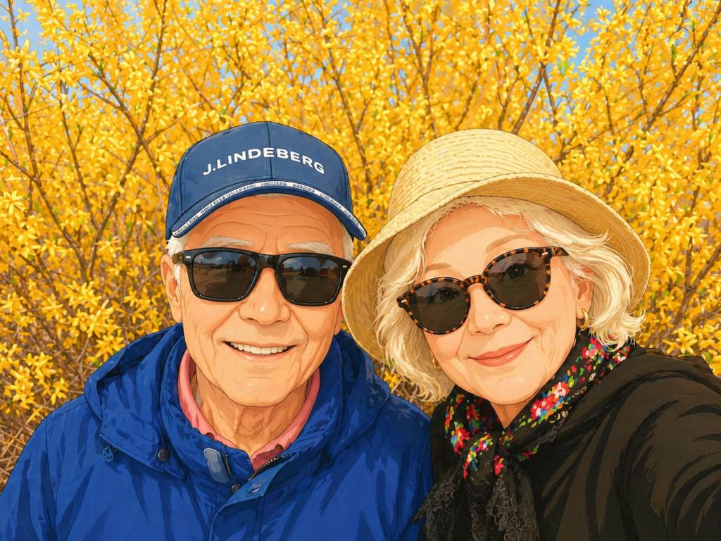 traveling to korea with elderly parents enjoying a relaxed spring day in seoul with flowers and outdoor scenery