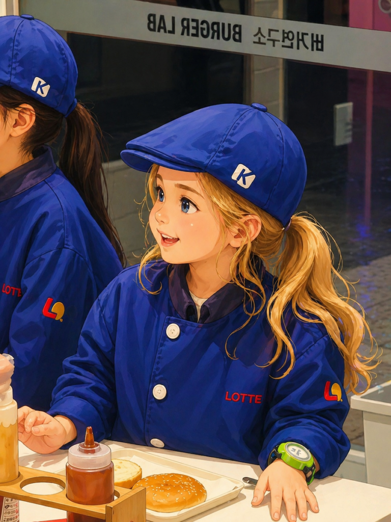 traveling-to-seoul-with-kids-burger-lab-experience traveling to seoul with kids enjoying a fun burger making experience at a kid friendly place in korea