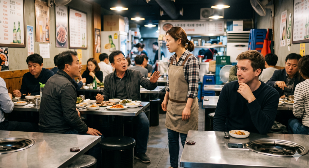 An irritated female Korean server reacts with visible annoyance after a male customer calls her "Ajumma" loudly in a busy Seoul restaurant, creating an awkward moment for onlookers including a Western traveler observing the scene.