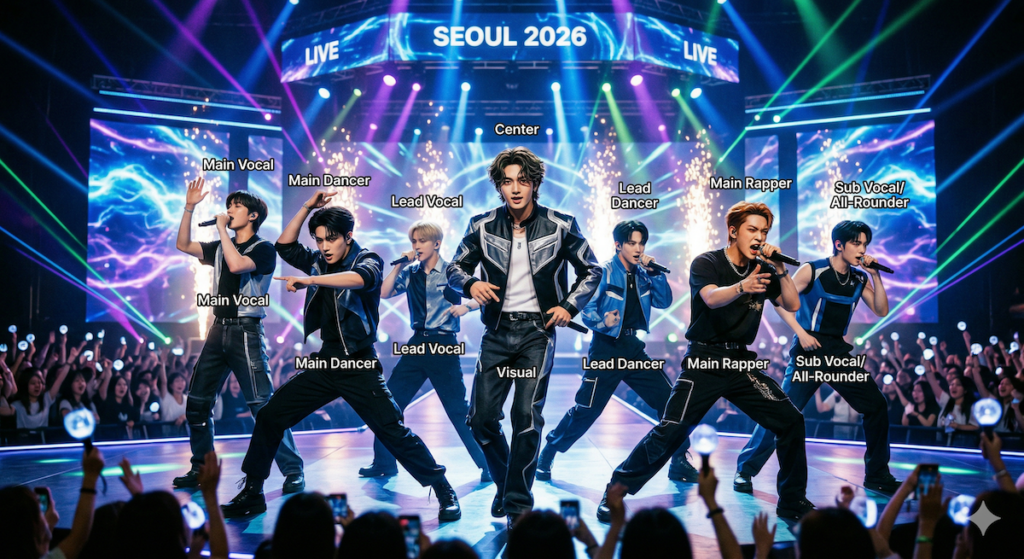 what-is-k-pop-positions-explained-guide-2026-performance A dynamic photograph capturing a 5th generation K-Pop boy group during an energetic live performance in Seoul in 2026, visualizing the what is k-pop positions explained guide for foreign fans.
