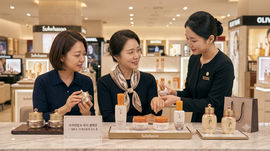 what-koreans-actually-buy-sulwhasoo-whoo-department-store An older Korean woman being served at a Sulwhasoo and The History of Whoo luxury counter in a department store