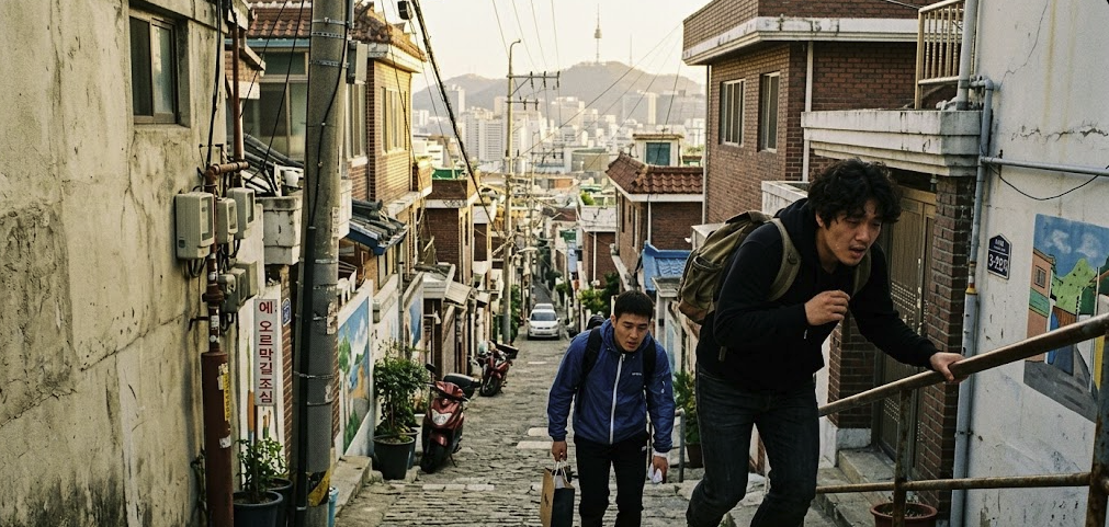 what-shoes-to-wear-in-seoul-uphill-alley-walk Two young men struggling to walk up a steep alley in Seoul, showing why comfortable shoes matter for hilly neighborhoods