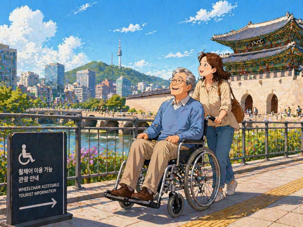 A young Western man gently pushing a manual wheelchair for an elderly person while exploring a scenic viewpoint in Seoul. They are smiling and looking at the beautiful city skyline with a mix of modern skyscrapers and traditional landmarks under a clear sky.