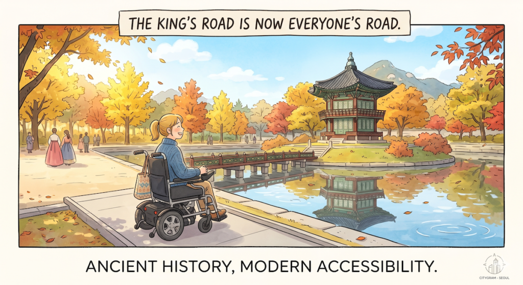 wheelchair-accessible-seoul-travel-kings-road-everyone A warm and inviting comic-style illustration showcasing wheelchair accessible Seoul at Gyeongbokgung Palace. A woman in a power wheelchair smiles while viewing the historic Hyangwonjeong Pavilion. The image features the text "THE KING’S ROAD IS NOW EVERYONE’S ROAD" and "ANCIENT HISTORY, MODERN ACCESSIBILITY," emphasizing a barrier-free travel experience in South Korea.
