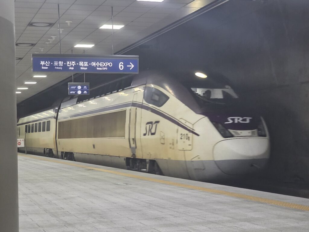 which train station should you use in Seoul shown through an SRT train platform with signs for Busan, Pohang, Jinju, Mokpo, and Yeosu EXPO