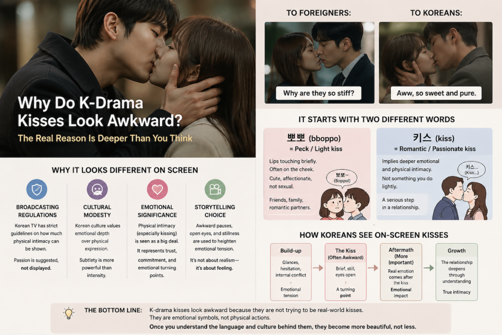why-do-kdrama-kisses-look-awkward-bboppo-vs-kiss-korean-romance-infographic Infographic explaining why do K-drama kisses look awkward showing the difference between bboppo and kiss in Korean romance culture with broadcasting regulations and emotional storytelling