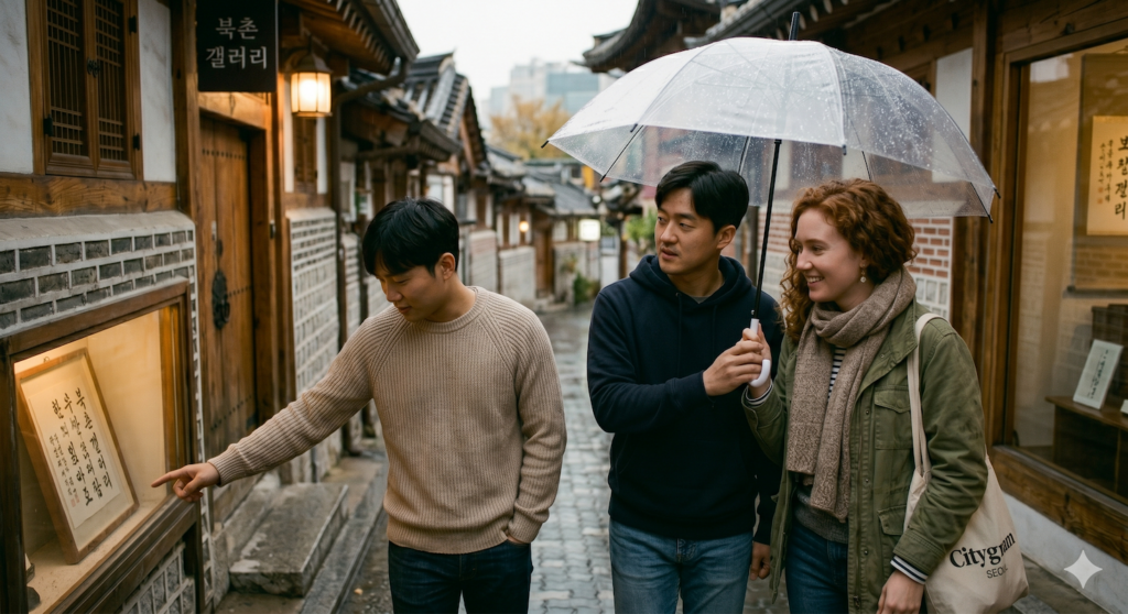 A foreigner sitting with Korean friends at a Seoul cafe while feeling uncertain about Korean friendships and social closeness