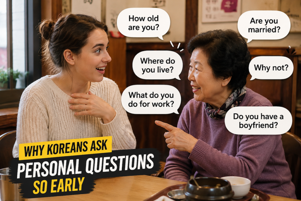 An older Korean woman asking personal questions to a foreigner in a cafe, illustrating why Koreans ask personal questions so early in conversation