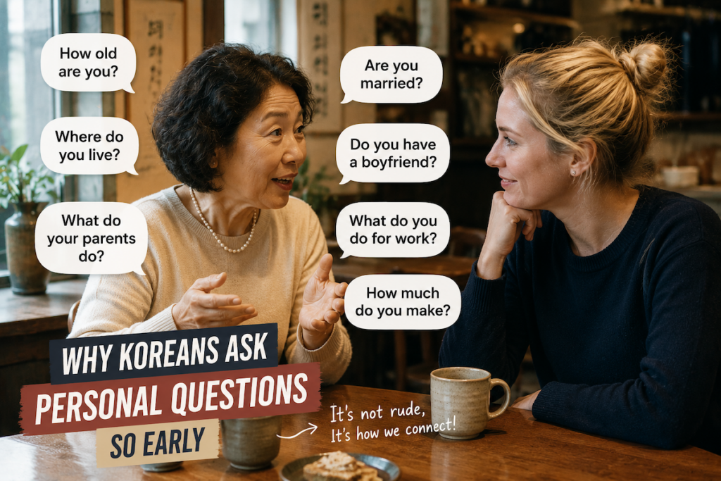 why-koreans-ask-personal-questions-so-early-in-korea An older Korean woman asking personal questions to a white foreign woman in a cafe, showing why Koreans ask personal questions so early in Korean culture