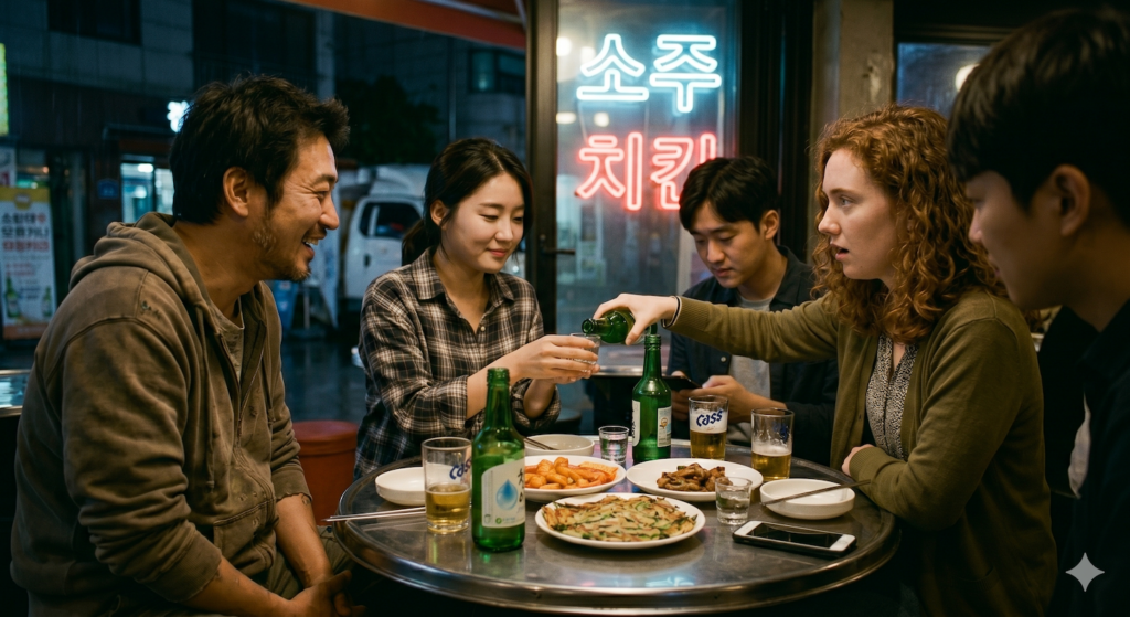 Foreign students in Korea talking at a restaurant while discussing age, reflecting why Koreans ask your age so quickly in Korean social culture