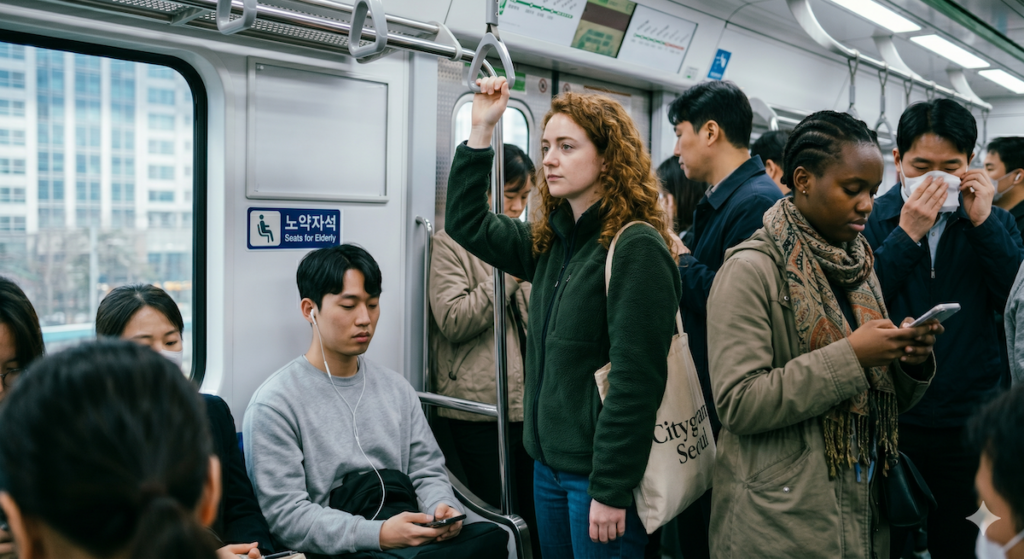 why-koreans-care-so-much-about-not-bothering-others-subway A white foreign woman standing quietly on a Seoul subway, reflecting why Koreans are so quiet in public and aware of shared spaces