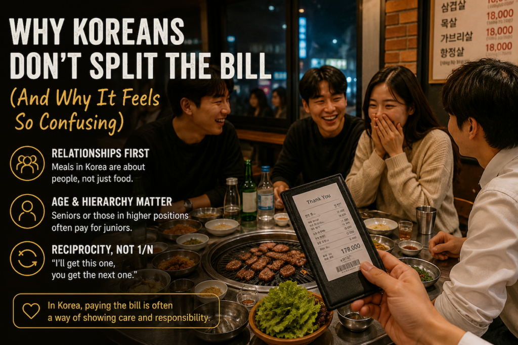 Friends enjoying Korean BBQ while one person prepares to pay, showing why Koreans don’t split the bill in Korea
