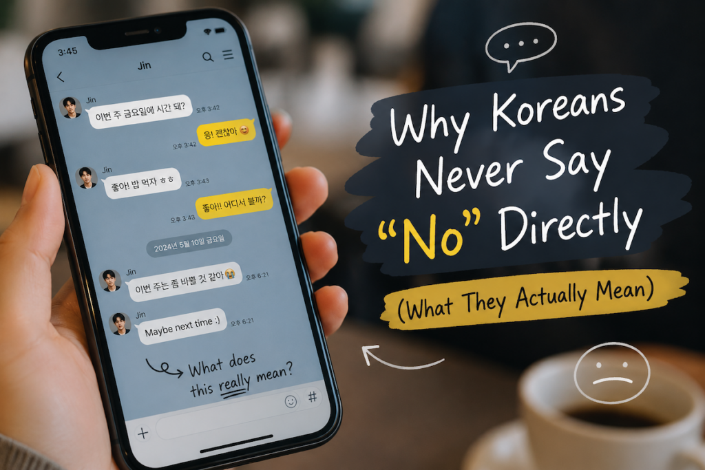 A KakaoTalk-style conversation showing “Maybe next time” on a phone screen, illustrating why Koreans never say no directly in Korean communication culture