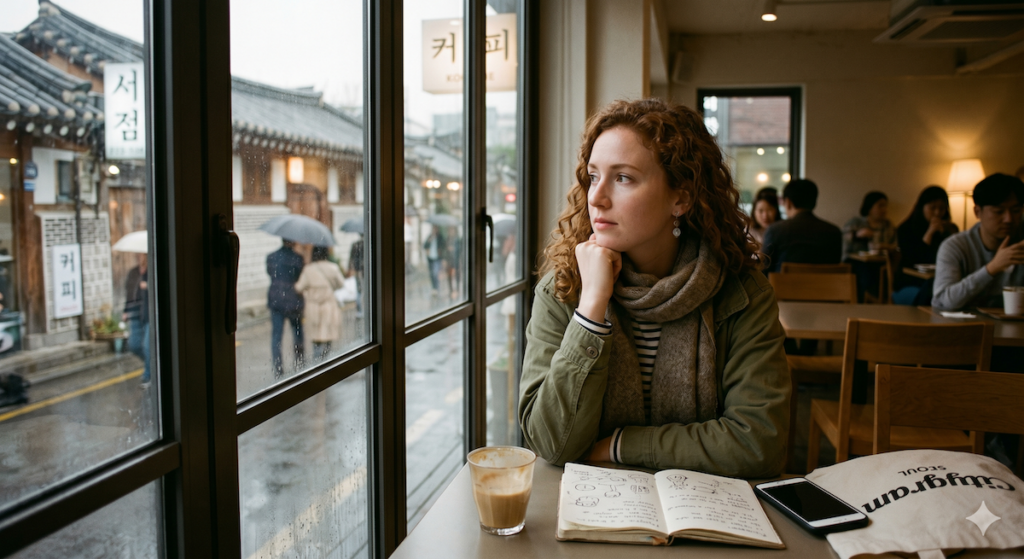 why-koreans-never-say-no-korea-culture-confusion A foreigner sitting alone in a Seoul cafe looking at a phone with a confused expression, reflecting the experience of why Koreans never say no directly