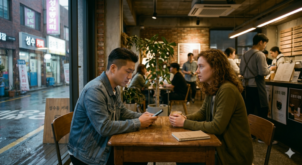 why-koreans-never-say-no-korean-social-culture Two people sitting in a Seoul cafe having a slightly awkward conversation, reflecting why Koreans never say no directly in Korean social culture