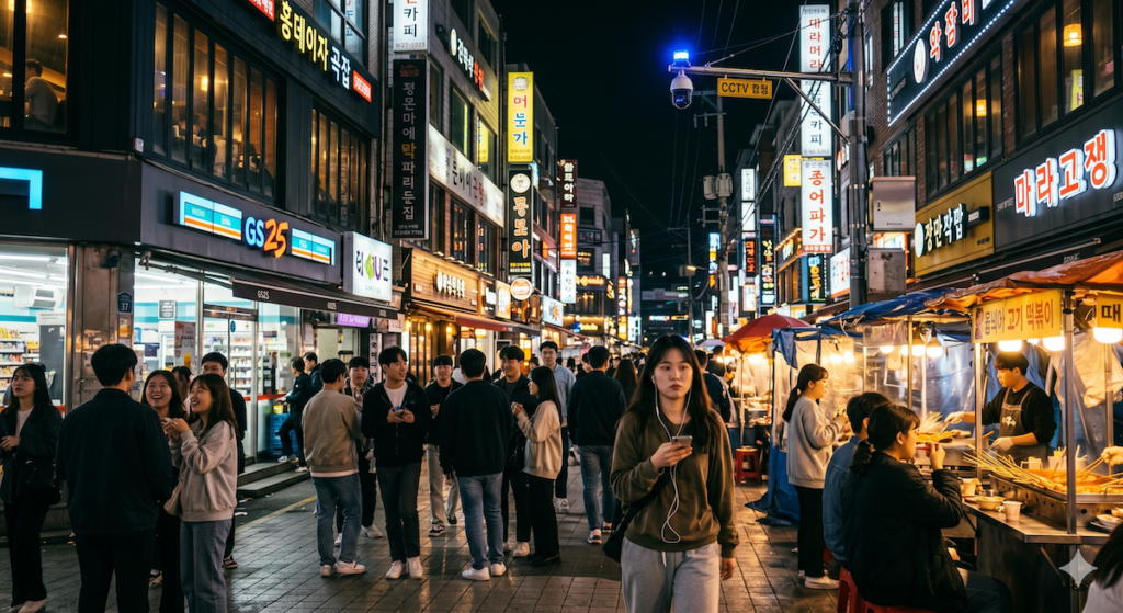 why-seoul-feels-so-safe-at-night-crowded-street Crowded Seoul street at night showing why Seoul feels so safe with bright lights and active nightlife