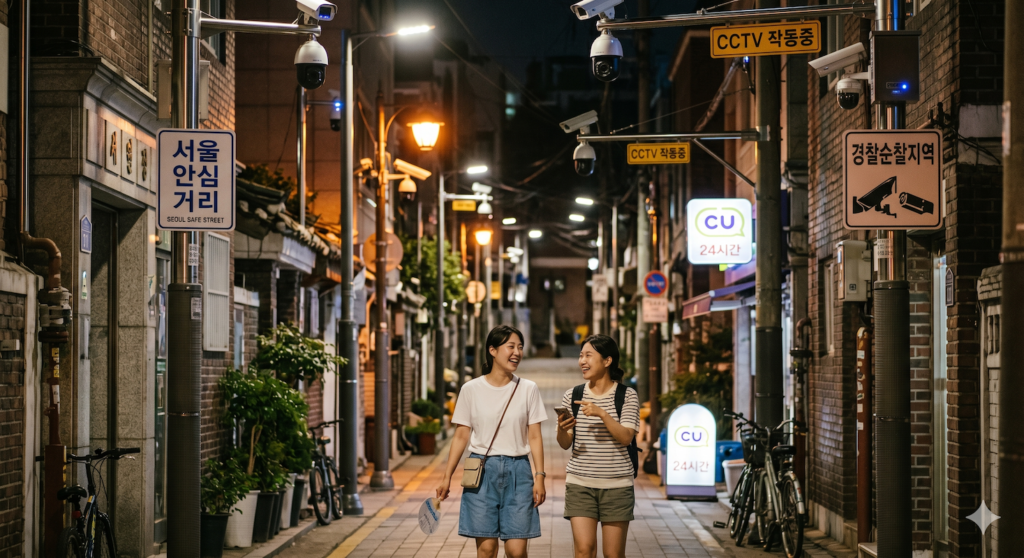 Two women walking safely at night in Seoul under bright street lights and CCTV surveillance cameras