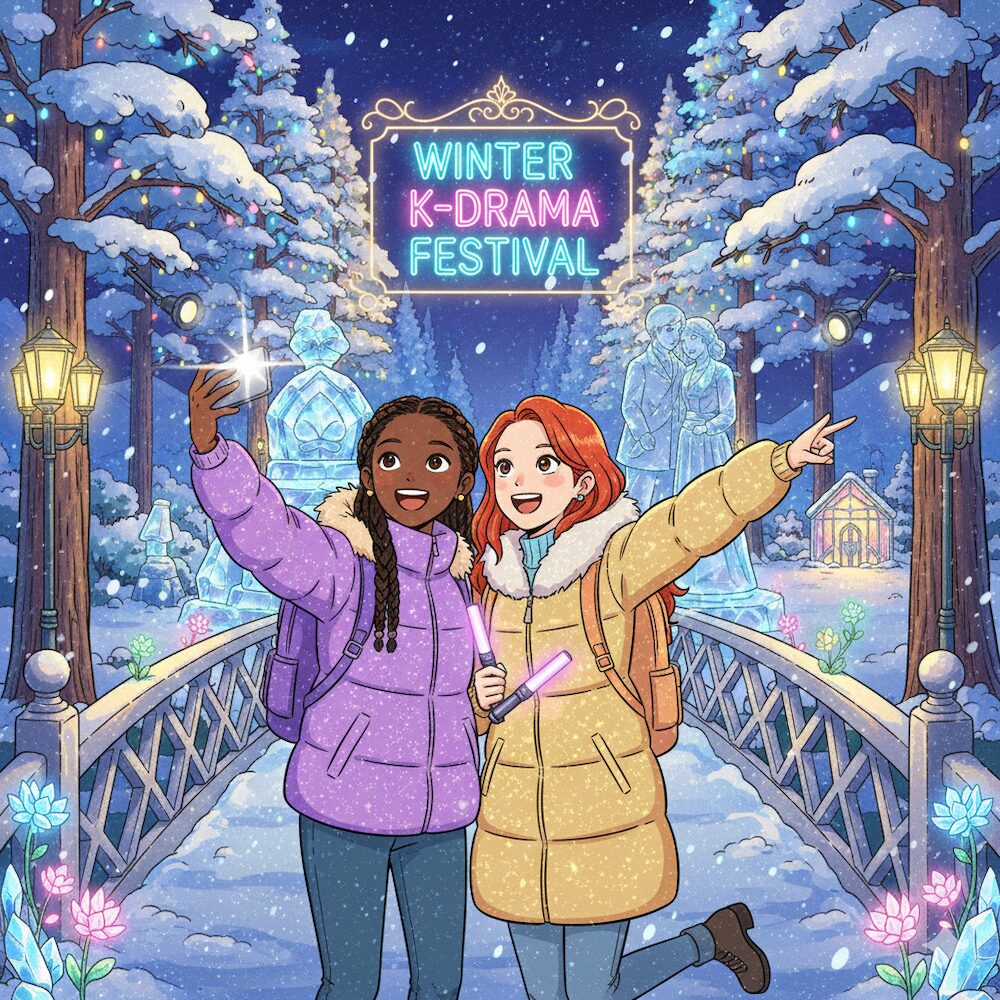 winter-k-culture-filming-locations-global-fans-celebration Two joyful global fans, a Black woman and a White woman, celebrating at a stunningly decorated Winter K-culture filming location with snowy mountains and festive lights.