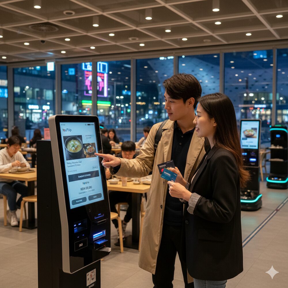 A Singaporean couple using a YouTrip card at a high-tech digital kiosk inside a modern Seoul restaurant, illustrating the seamless payment experience at CJ Foodworld.